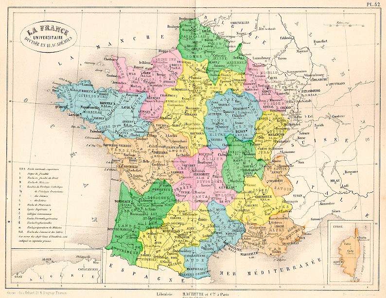 France, Universities, 18 Academies, Atlas Universel, 1877