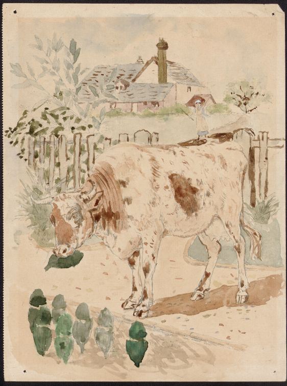 Watercolour, Cow in garden, 1880