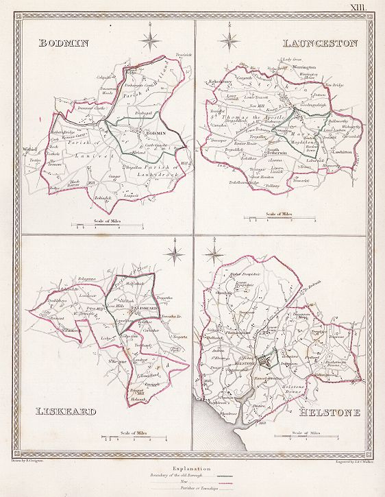 Cornwall, plans of Bodmin, Launceston, Liskeard and Helstone, 1835