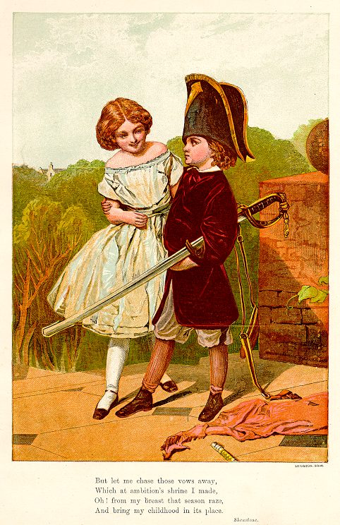 Children play acting, Fields & Woodlands chromolithograph, 1873