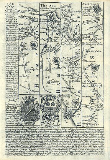 Hampshire & Wiltshire, route map with Southampton, Rumsey and Salisbury, 1764