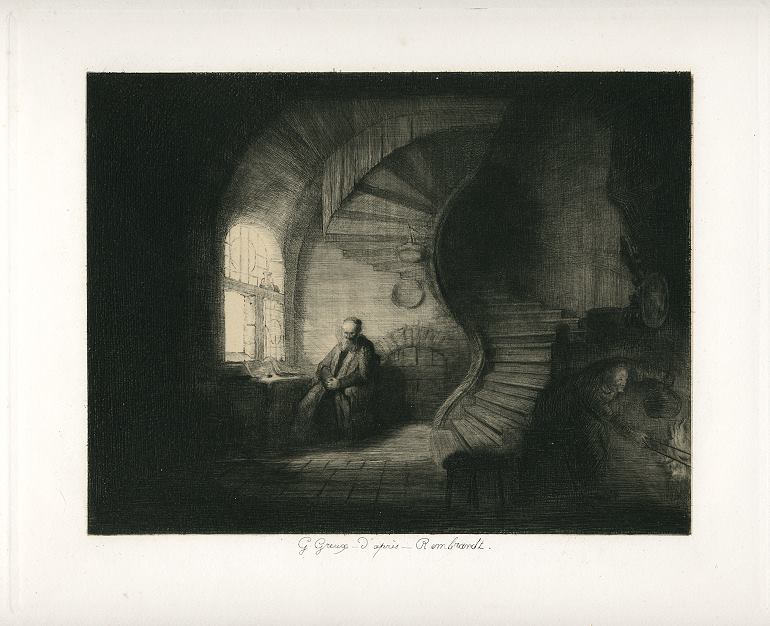 The Philosopher in Thought, etching after Rembrandt, 1876