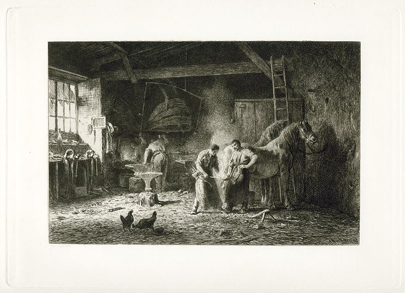 'The Smithy', etching after Jacque, 1876