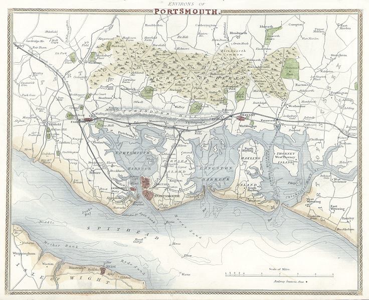 Hampshire, Portsmouth environs, Moule map, 1850