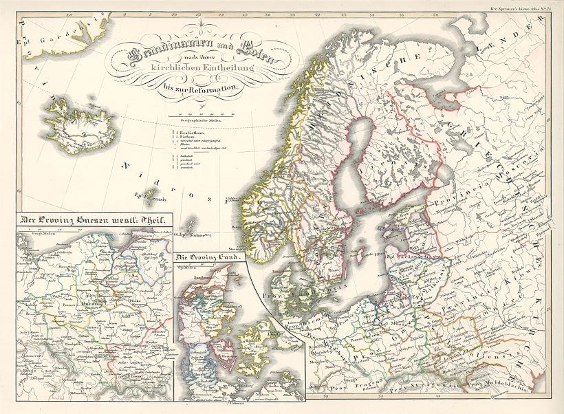 Scandinavia & Poland, Church map, up to the Reformation, Spruner's Historical Atlas, 1846