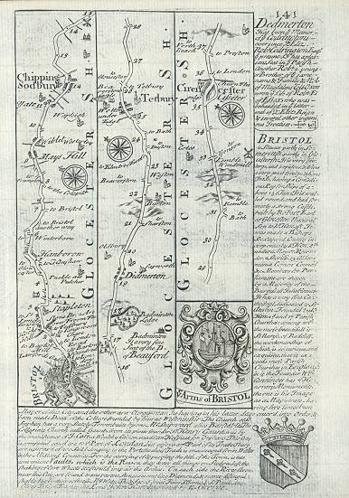 Gloucestershire, route map with Bristol, Chipping Sodbury, Tetbury & Cirencester, 1764