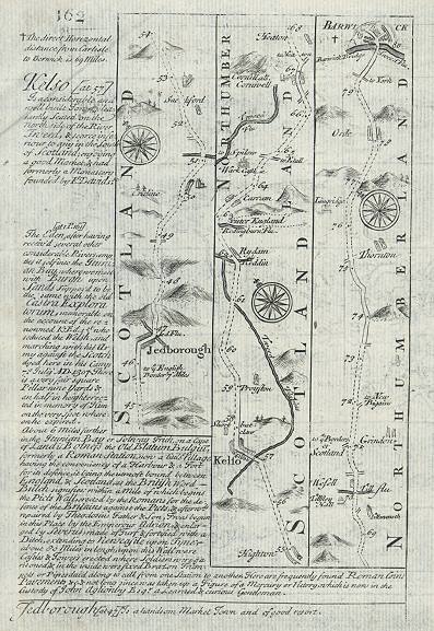 Scotland & Northumberland, route map with Jedburgh, Kelso and Berwick-Upon-Tweed, 1764