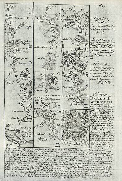 Devonshire, route map with Dartmouth, Newton Abbot and Exeter, 1764