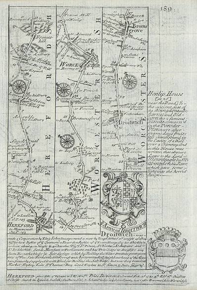 Worcestershire, route map with Hereford, Worcester, Droitwich & Bromsgrove, 1764