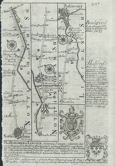 Nottinghamshire & Lincs, route map from Nottingham to Lincoln, 1764