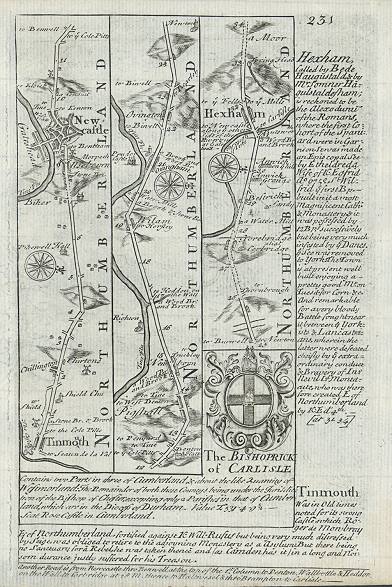 Northumberland, route map with Tynemouth, Newcastle and Hexam, 1764