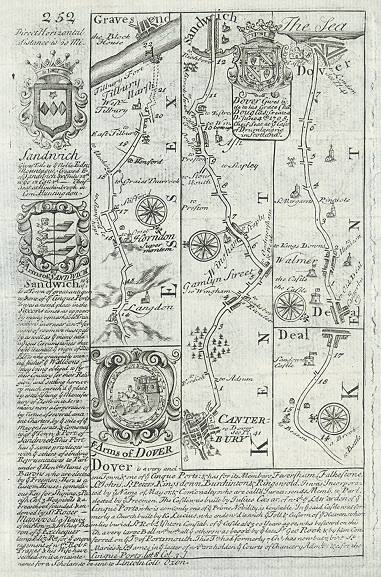 Essex & Kent, route map with Gravesend, Hondon, Canterbury, Sandwich Deal & Dover, 1764