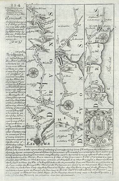 Devon & Dorset, route map with Exeter, Sidford, Colyford, Lyme and Chideock, 1764