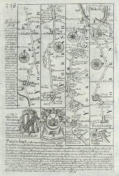 Yorkshire, route map with Leyburn, Richmond, Pontefract & Wakefield, 1764