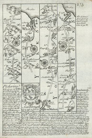 Yorkshire, route map with Whitby, Mew Malton and Scarborough, 1764