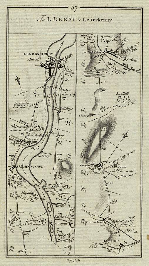 Ireland, route map with Londonderry, St.Johnstown, Lifford & Raphoe, 1783