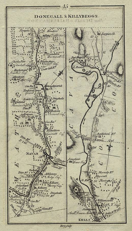 Ireland, route map with Navan, Virginia and Kells, 1783