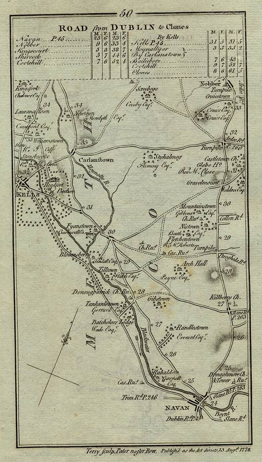 Ireland, route map with Kells, Nobber and Navan, 1783