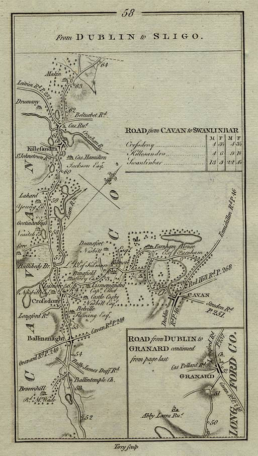 Ireland, route map with Killesandra, Cavan & Ballinanaght, 1783