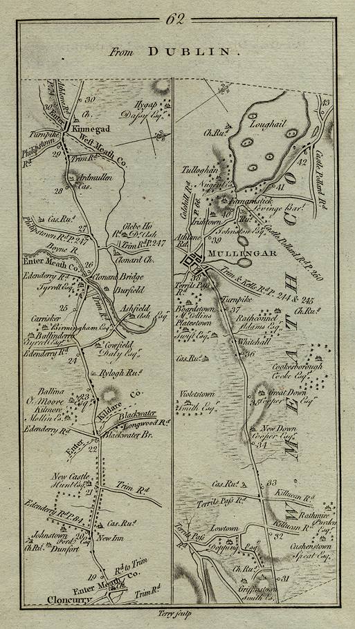 Ireland, route map with Kinnegad, Cloncurry and Mullingar, 1783