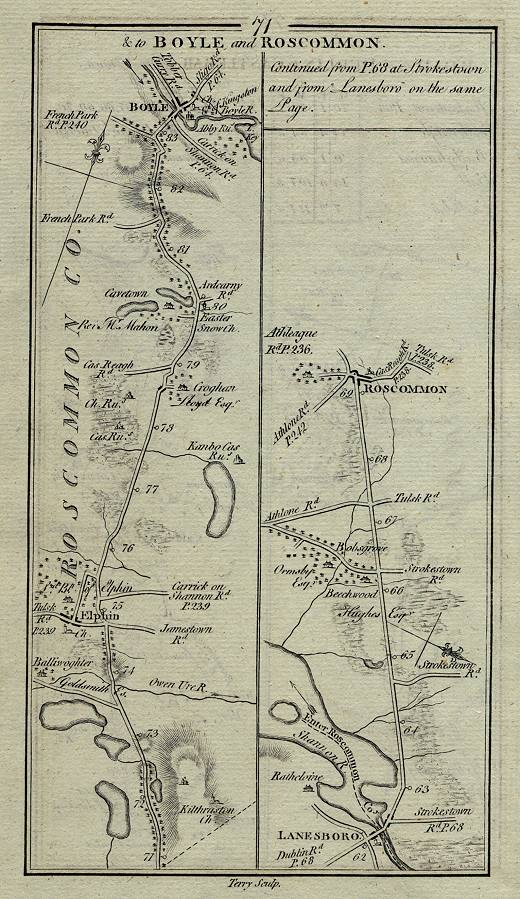 Ireland, route map with Elphin, Boyle, Lanesboro and Roscommon, 1783