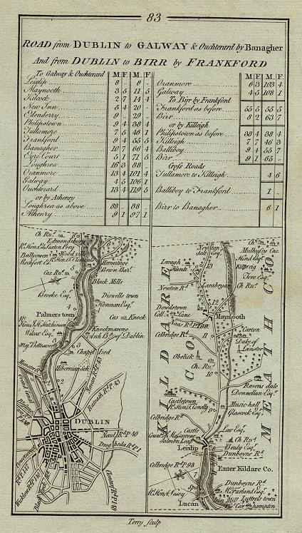 Ireland, route map with Dublin, Leixlip and Maynooth, 1783