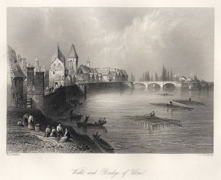 Germany, Ulm walls and bridge over the Danube, 1840