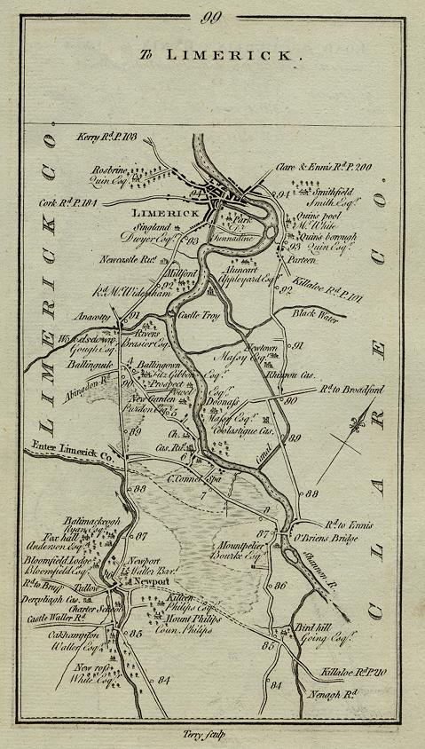 Ireland, route map with Limerick, Newport & Shannon River, 1783