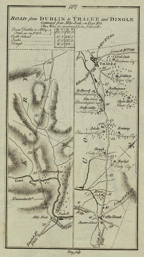 Ireland, route map with Tralee, Castle Island & Abbey Feale, 1783