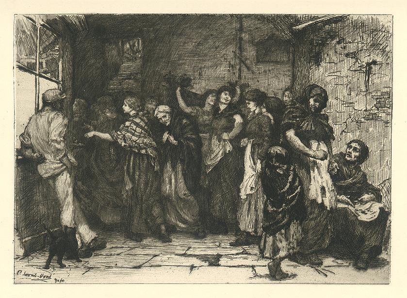 Lancashire, Pay Day in a Cotton Mill, etching by G.P. Jacomb Hood, 1882