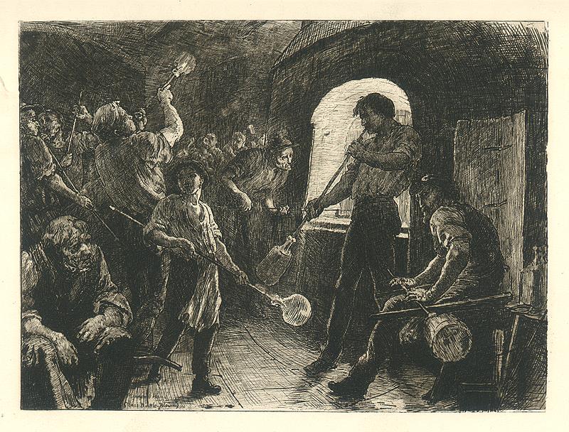 Lancashire, Glass Blowing, etching by G.P. Jacomb Hood, 1882