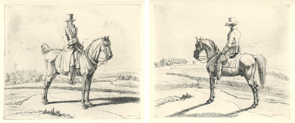 Pair of Horsemen, two etchings by Wilhelm von Kobell, c1850