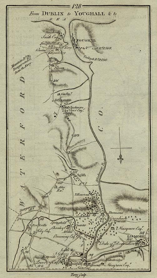 Ireland, route map with Cappoquin, Lismore & Youghall, 1783