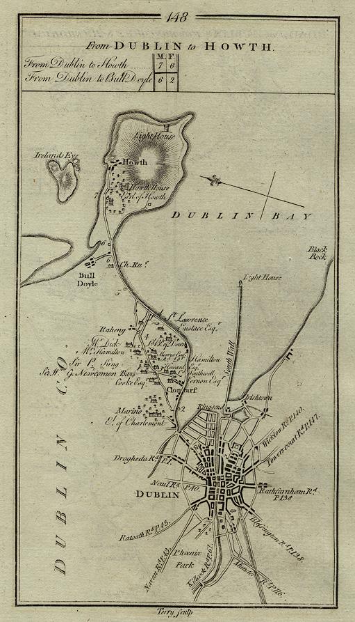 Ireland, route map with Dublin & Howth, 1783