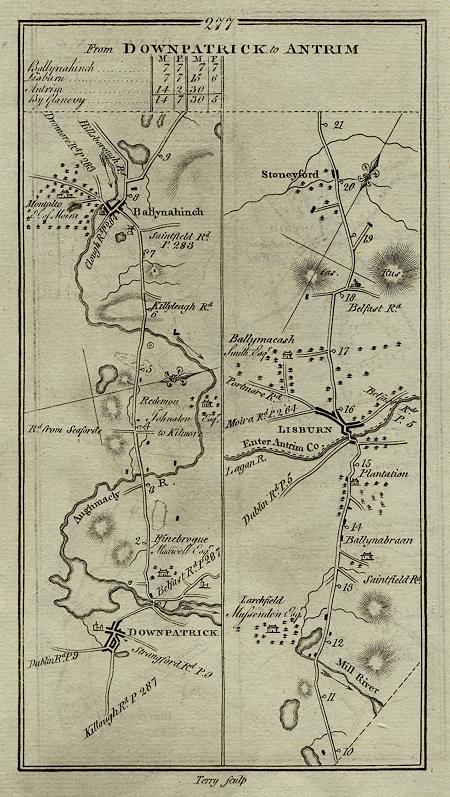 Ireland, route map with Downpatrick, Lisburn & Stoneyford, 1783