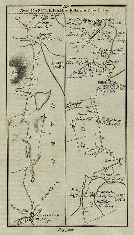 Ireland, route map with Castlebar, Killala and Castle Lachen, 1783