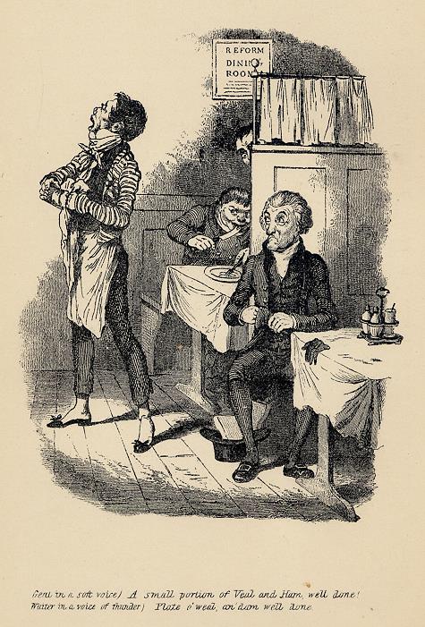 Cockney social caricature, dining, Robert Seymour, 1835 / 1878