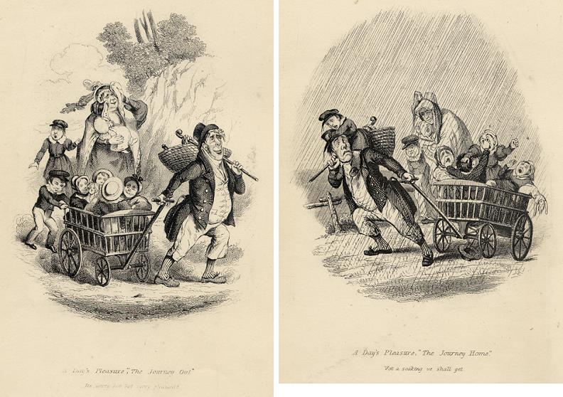 Cockney social caricature, family outing, Robert Seymour, 1835 / 1878