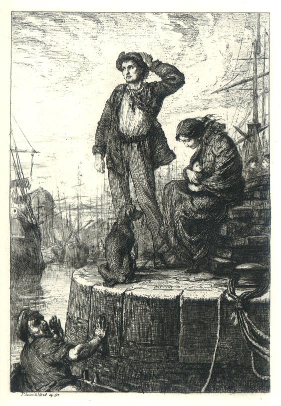 Lancashire, Emigrants at Liverpool, etching by G.O.Jacomb Hood, 1882