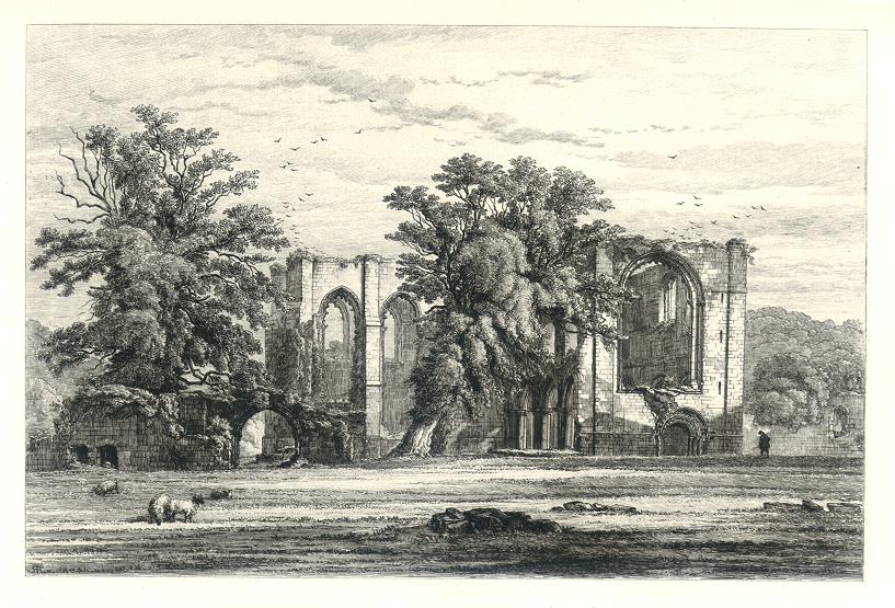 Lancashire, Furness Abbey, etching by R.Kent Thomas, 1882