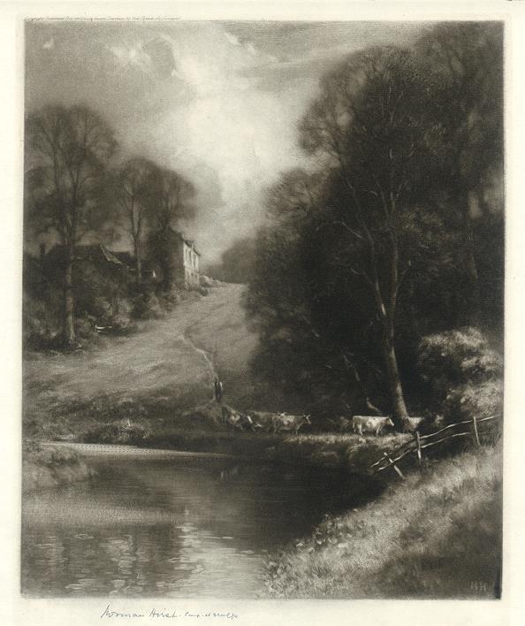 Country scene with cows, etching by Norman Hirst, about 1925