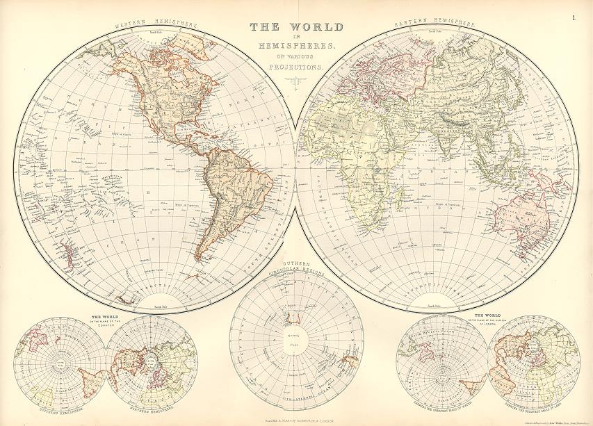 Map of The World in Hemispheres, 1882