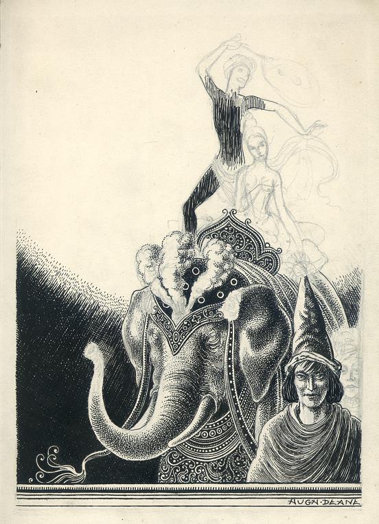 Performers on Elephant, pen & pencil, c1920