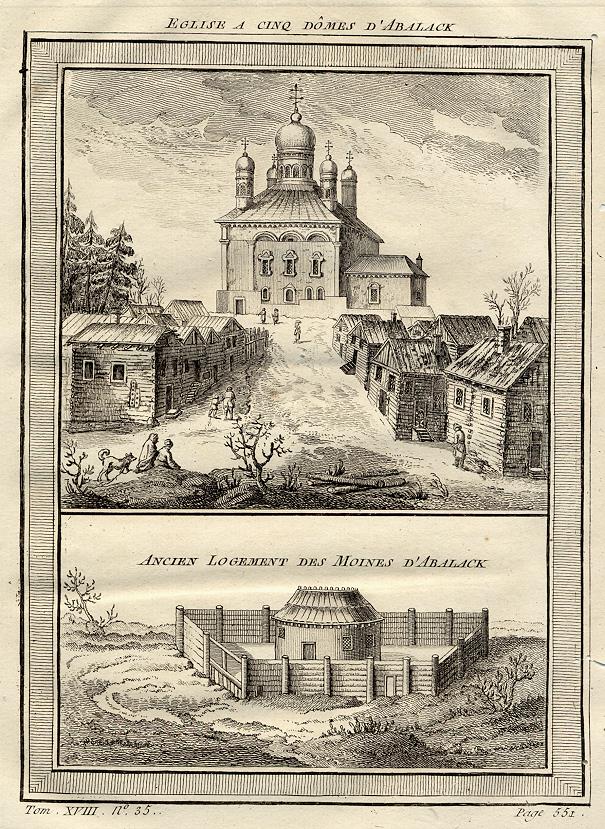 Russia, Siberia, Church of Five Domes and Monk's House at Abalack, 1760