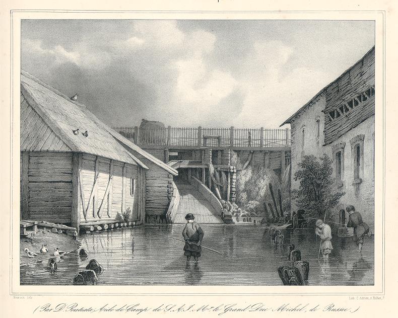 Russian country scene with fishing, stone lithograph by D.Poutiata, 1835