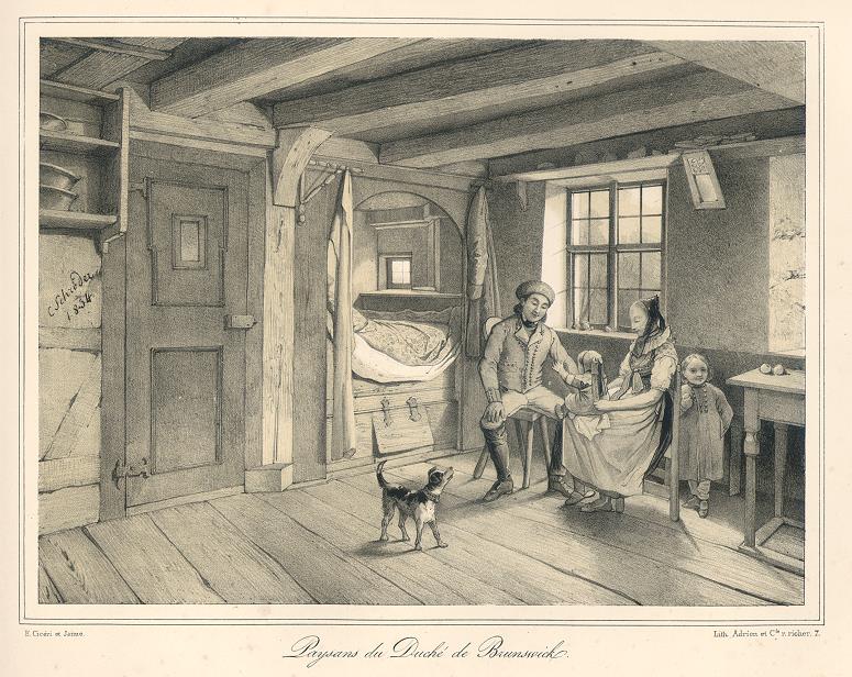 Countryfolk of the of Brunswick, stone lithograph after Schroeder, 1835