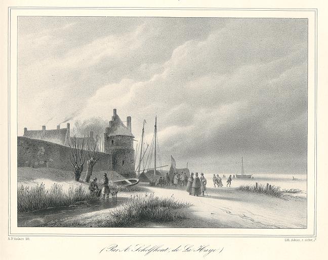 Dutch Winter Scene, stone lithograph after Schelfhout, 1835