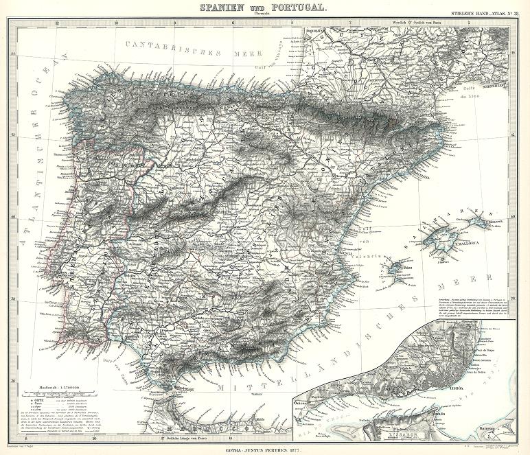 Spain & Portugal map, 1877