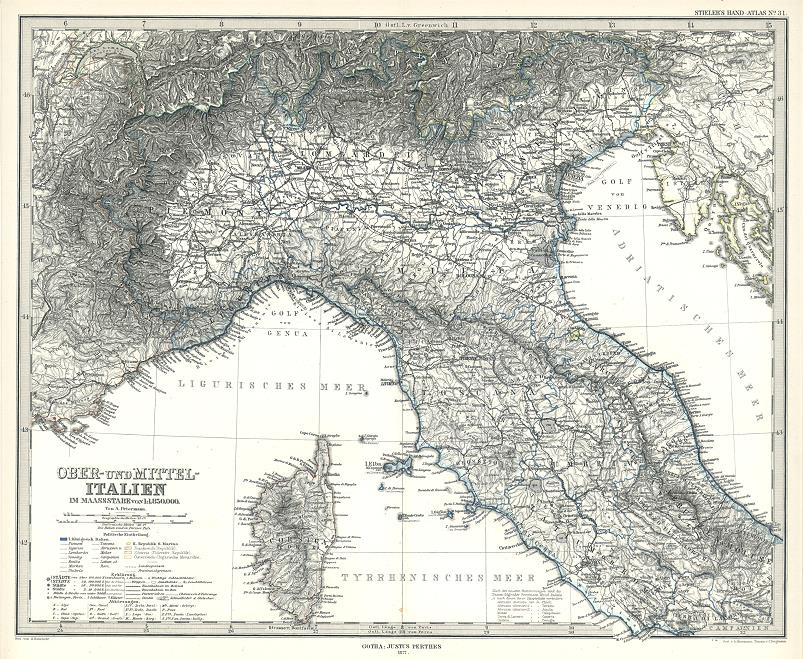 North & middle Italy map, 1877