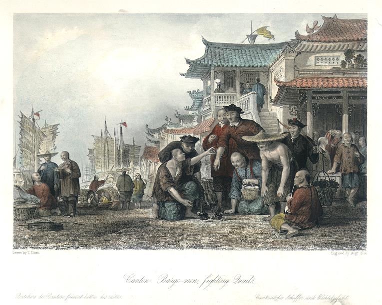 China, Canton Barge-men Quail Fighting, 1843